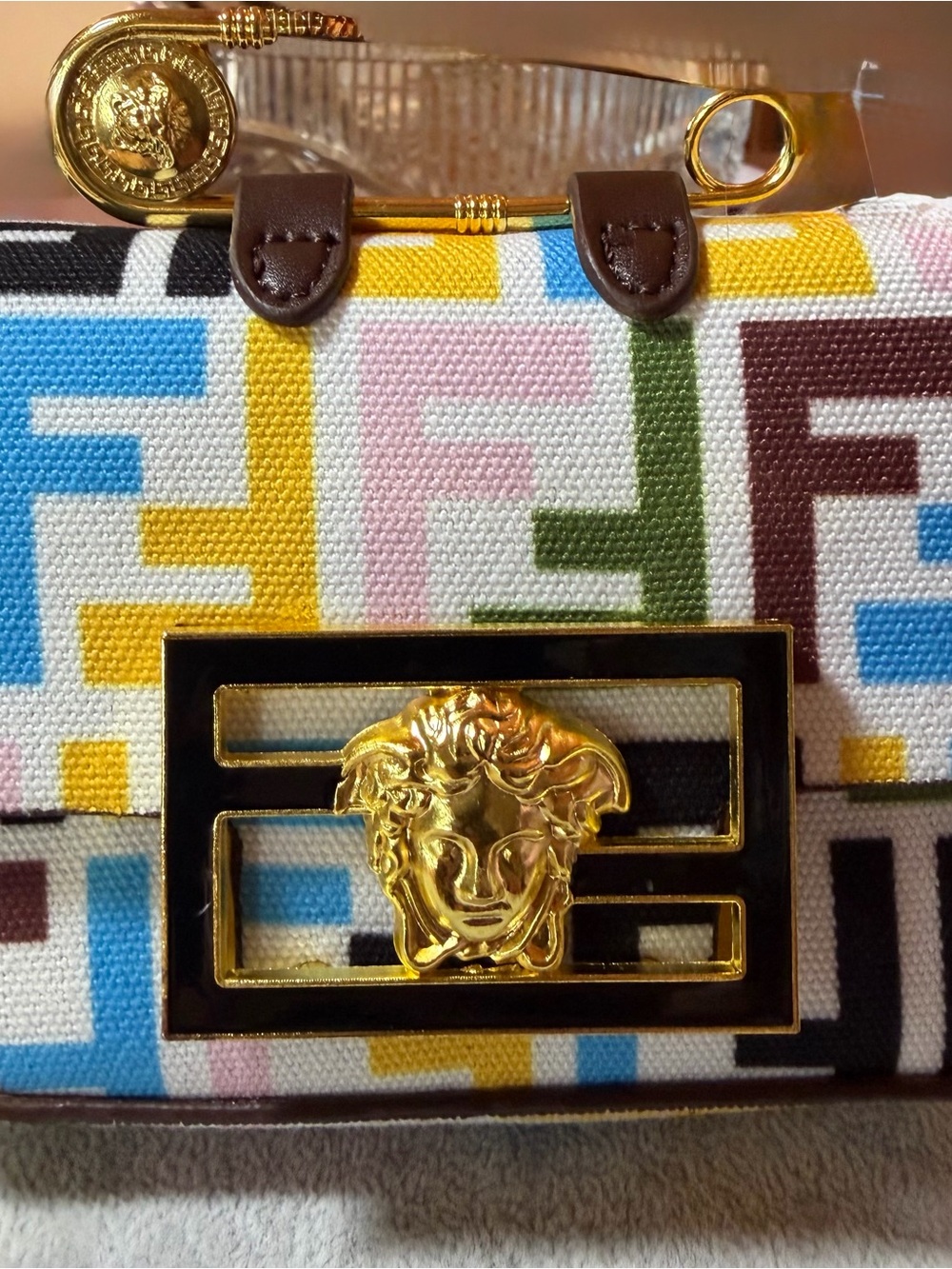 Fendace Multicolor Versace/Fendi Logo Mini Bag with Gold Medusa Accent - Picture 9 of 14